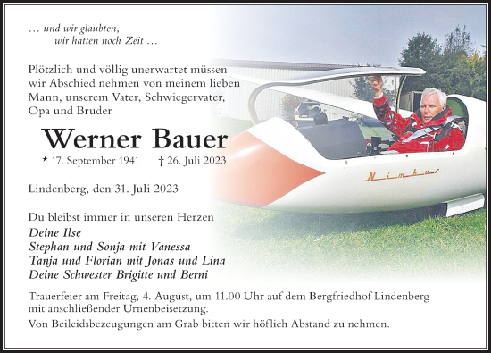 Traueranzeige von Werner Bauer von Der Westallgäuer