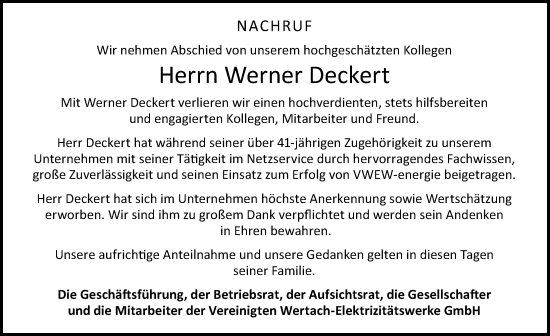 Traueranzeige von Werner Deckert von Allgäuer Zeitung, Kaufbeuren/Buchloe