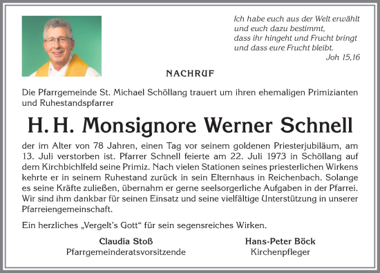 Traueranzeige von Werner Schnell von Allgäuer Anzeigeblatt