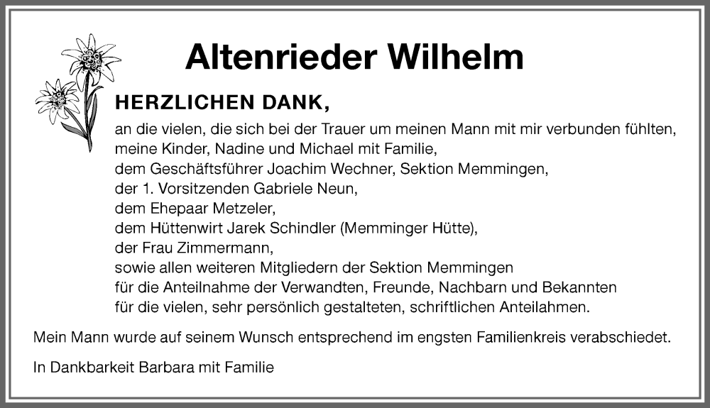  Traueranzeige für Wilhelm Altenrieder vom 27.07.2023 aus Memminger Zeitung
