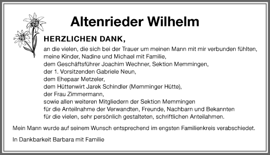 Traueranzeige von Wilhelm Altenrieder von Memminger Zeitung