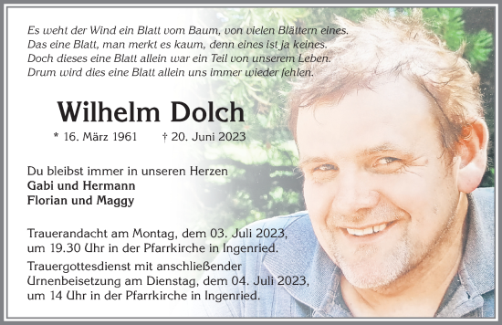 Traueranzeige von Wilhelm Dolch von Allgäuer Zeitung, Marktoberdorf