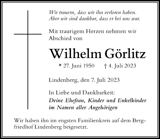 Traueranzeige von Wilhelm Görlitz von Der Westallgäuer