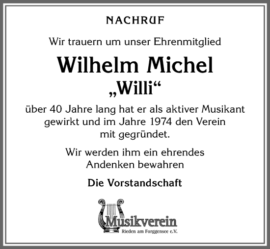 Traueranzeige von Wilhelm Michel von Allgäuer Zeitung, Füssen