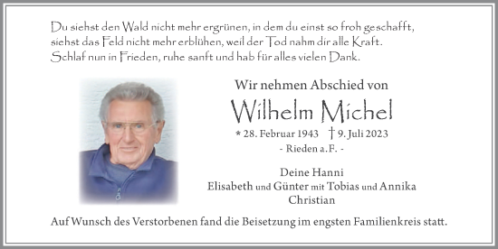 Traueranzeige von Wilhelm Michel von Allgäuer Zeitung, Füssen