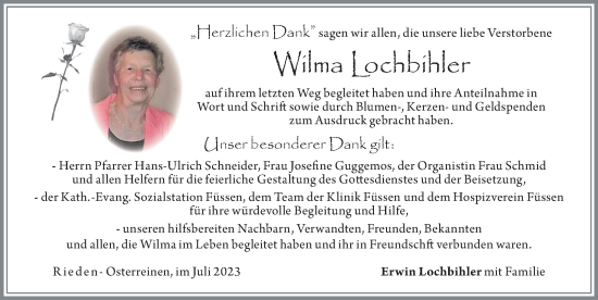 Traueranzeige von Wilma Lochbihler von Allgäuer Zeitung, Füssen