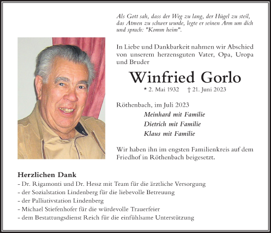 Traueranzeige von Winfried Gorlo von Der Westallgäuer