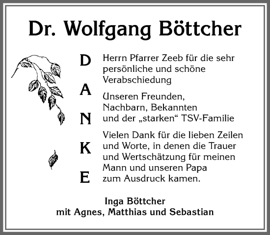 Traueranzeige von Wolfgang Böttcher von Allgäuer Zeitung, Kaufbeuren/Buchloe