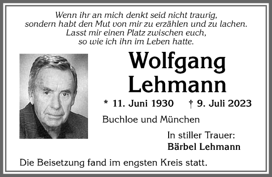 Traueranzeige von Wolfgang Lehmann von Allgäuer Zeitung, Kaufbeuren/Buchloe