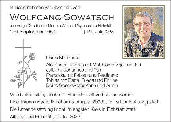 Traueranzeige von Wolfgang Sowatsch von Allgäuer Zeitung, Marktoberdorf
