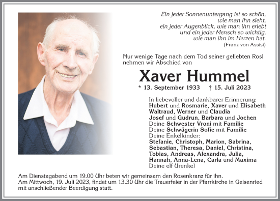 Traueranzeige von Xaver Hummel von Allgäuer Zeitung, Marktoberdorf