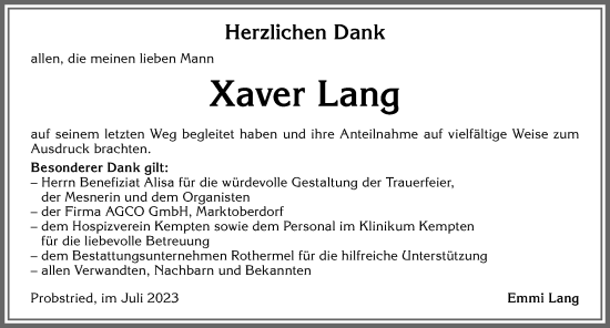 Traueranzeige von Xaver Lang von Allgäuer Zeitung,Kempten