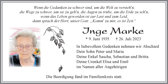 Traueranzeige von Inge Marke von Allgäuer Zeitung, Marktoberdorf