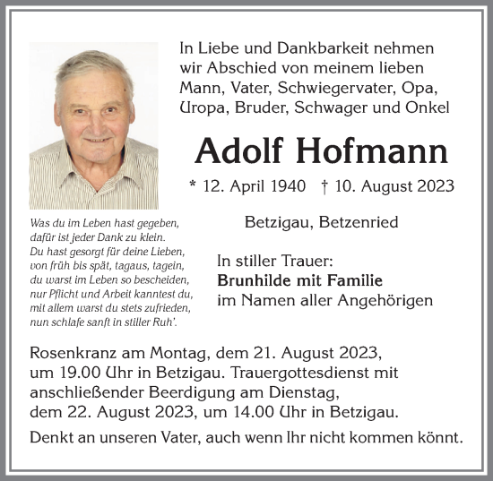 Traueranzeige von Adolf Hofmann von Allgäuer Zeitung,Kempten