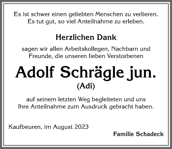 Traueranzeige von Adolf Schrägle von Allgäuer Zeitung, Kaufbeuren/Buchloe