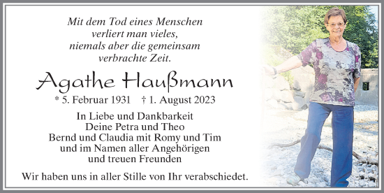Traueranzeige von Agathe Haußmann von Allgäuer Zeitung, Füssen
