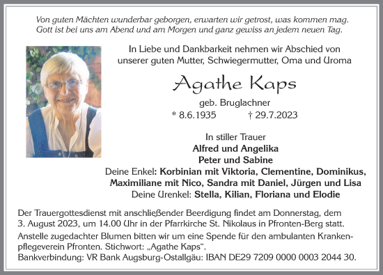 Traueranzeige von Agathe Kaps von Allgäuer Zeitung, Füssen