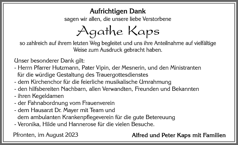  Traueranzeige für Agathe Kaps vom 12.08.2023 aus Allgäuer Zeitung, Füssen