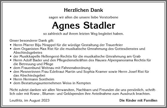 Traueranzeige von Agnes Stadler von Allgäuer Zeitung,Kempten