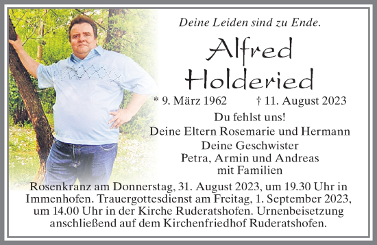 Traueranzeige von Alfred Holderied von Allgäuer Zeitung, Marktoberdorf