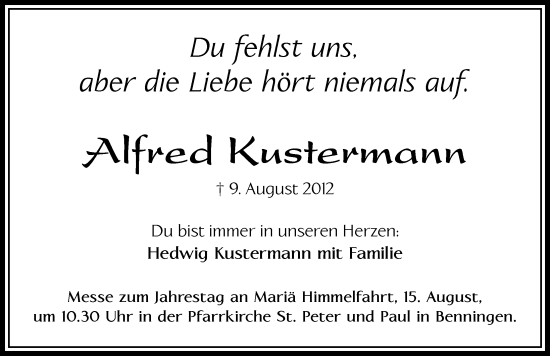 Traueranzeige von Alfred Kustermann von Memminger Zeitung
