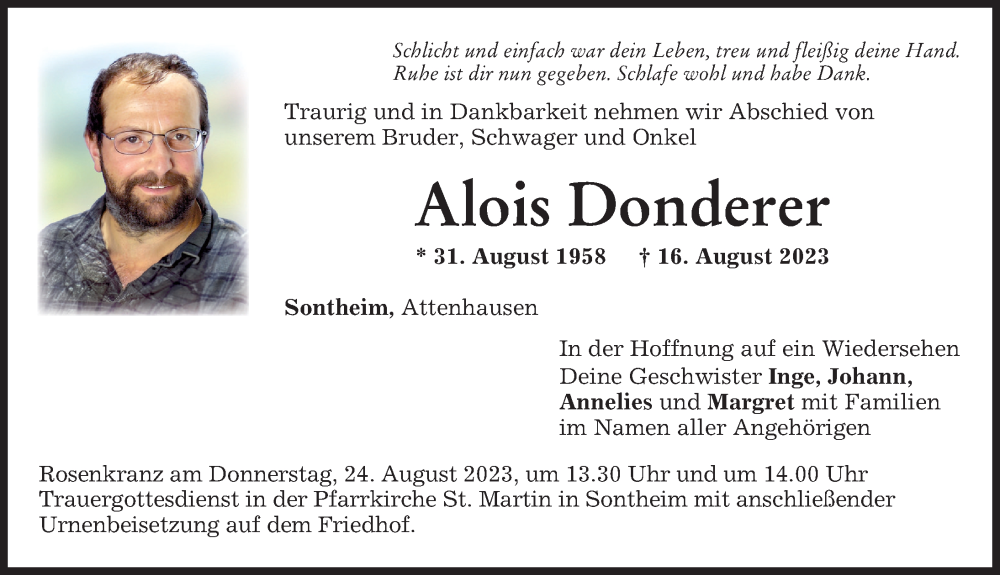  Traueranzeige für Alois Donderer vom 22.08.2023 aus Memminger Zeitung