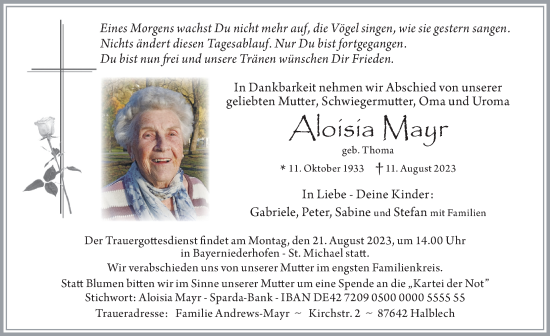 Traueranzeige von Aloisia Mayr von Allgäuer Zeitung, Füssen