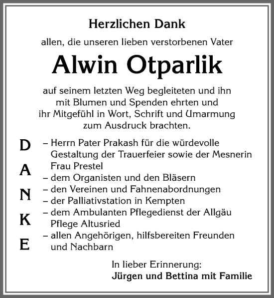 Traueranzeige von Alwin Otparlik von Allgäuer Zeitung,Kempten