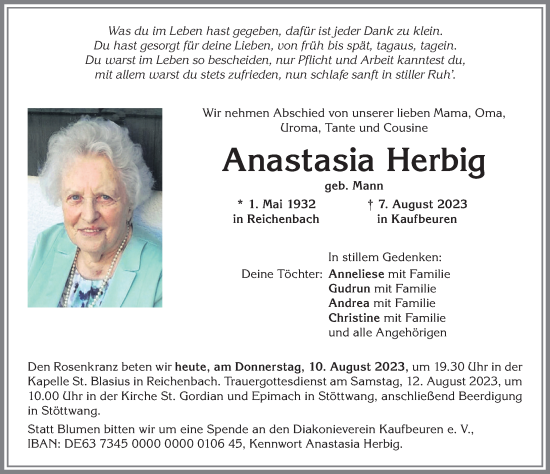 Traueranzeige von Anastasia Herbig von Allgäuer Zeitung, Kaufbeuren/Buchloe