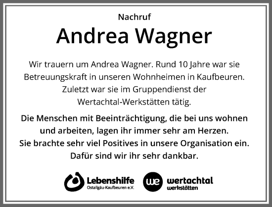 Traueranzeige von Andrea Wagner von Allgäuer Zeitung, Kaufbeuren/Buchloe