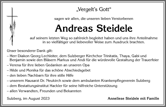 Traueranzeige von Andreas Steidele von Allgäuer Zeitung,Kempten
