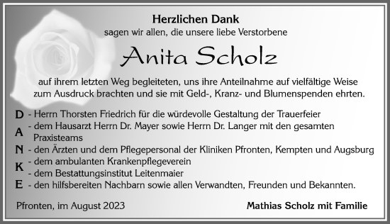 Traueranzeige von Anita Scholz von Allgäuer Zeitung, Füssen