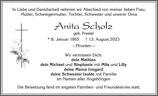 Traueranzeige von Anita Scholz von Allgäuer Zeitung, Füssen