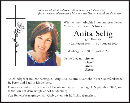 Traueranzeige von Anita Selig von Der Westallgäuer