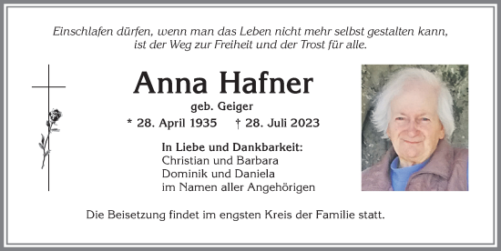 Traueranzeige von Anna Hafner von Allgäuer Zeitung, Kaufbeuren/Buchloe
