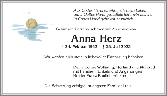 Traueranzeige von Anna Herz von Allgäuer Zeitung, Kaufbeuren/Buchloe