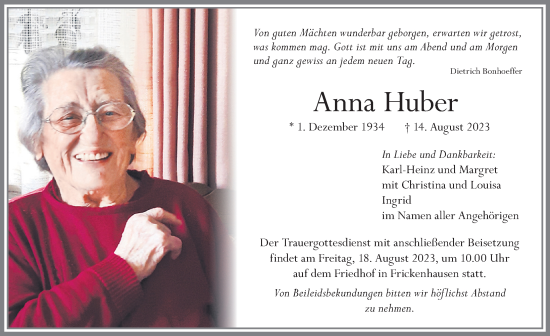 Traueranzeige von Anna Huber von Memminger Zeitung