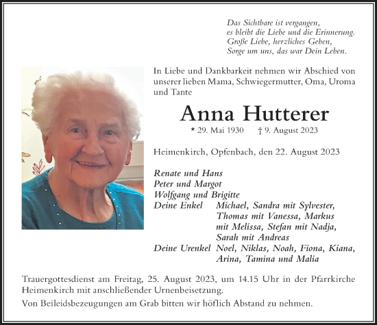 Traueranzeige von Anna Hutterer von Der Westallgäuer