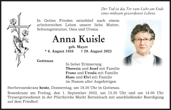 Traueranzeige von Anna Kuisle von Memminger Zeitung