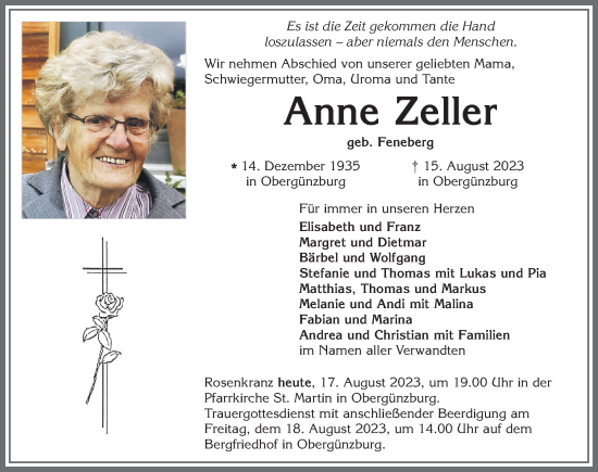 Traueranzeige von Anne Zeller von Allgäuer Zeitung, Marktoberdorf