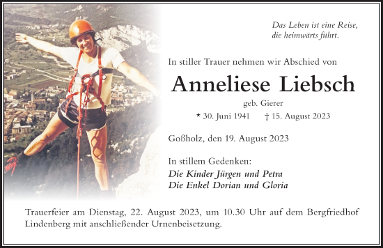 Traueranzeige von Anneliese Liebsch von Der Westallgäuer