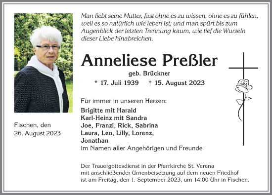 Traueranzeige von Anneliese Preßler von Allgäuer Anzeigeblatt