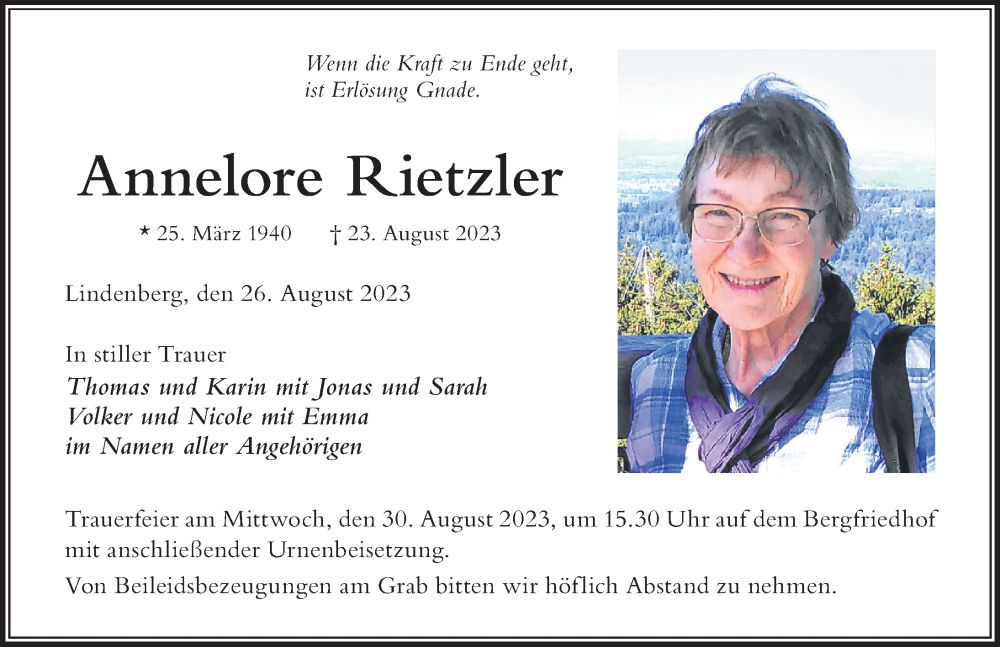  Traueranzeige für Annelore Rietzler vom 26.08.2023 aus Der Westallgäuer