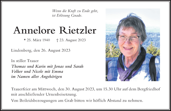 Traueranzeige von Annelore Rietzler von Der Westallgäuer
