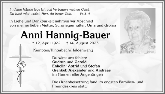 Traueranzeige von Anni Hannig-Bauer von Allgäuer Zeitung,Kempten