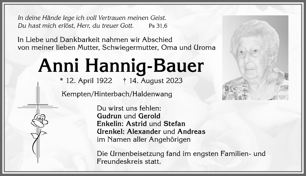  Traueranzeige für Anni Hannig-Bauer vom 26.08.2023 aus Allgäuer Zeitung,Kempten