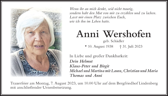 Traueranzeige von Anni Wershofen von Der Westallgäuer
