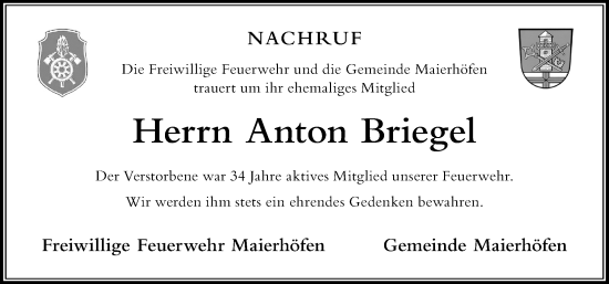 Traueranzeige von Anton Briegel von Der Westallgäuer