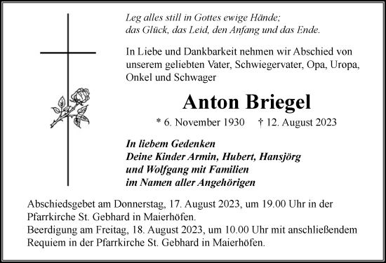 Traueranzeige von Anton Briegel von Der Westallgäuer