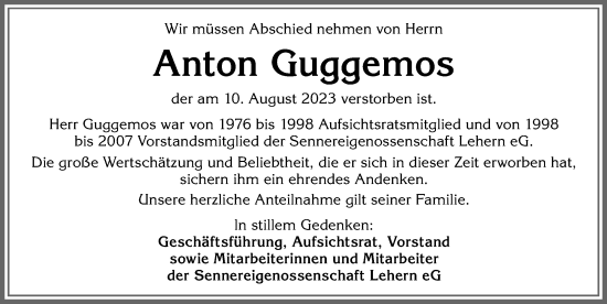 Traueranzeige von Anton Guggemos von Allgäuer Zeitung, Füssen
